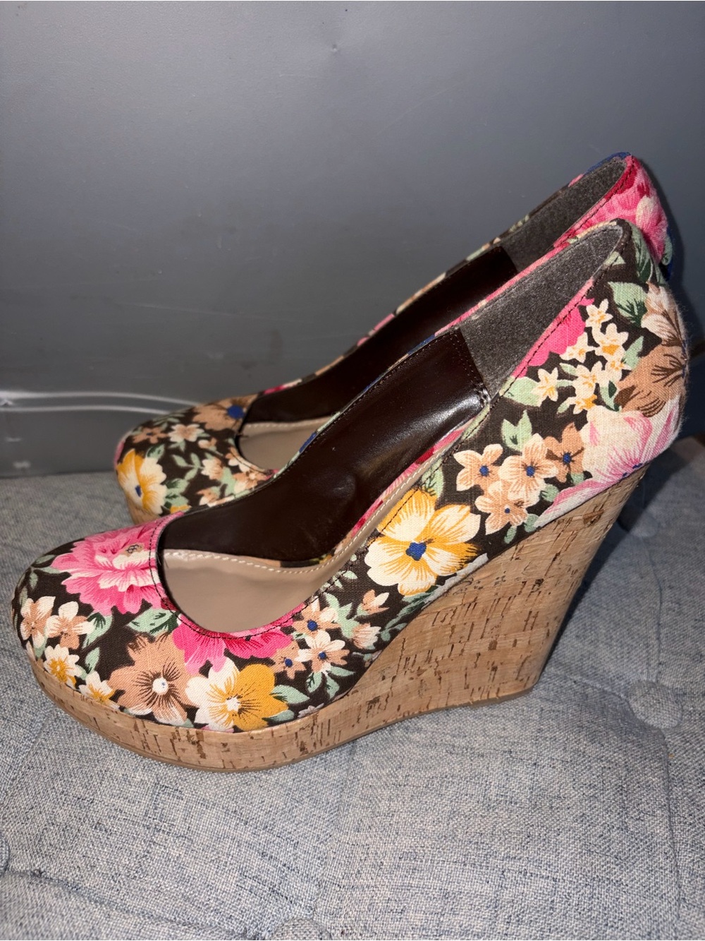 Floral Fabric Cork Wedge Heels in Pink, Yellow & Brown